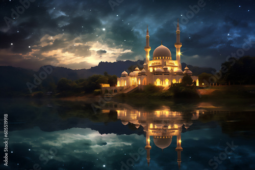 Beautiful Mosque illustration at the lake in sunset or sunrise, with beautiful dramatic light, Created using generative AI tools