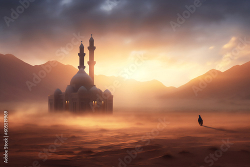 Beautiful Mosque illustration at the desert in sunset or sunrise, with beautiful dramatic light, Created using generative AI tools