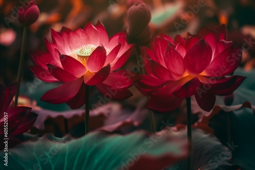 Stunning crimson lotus flowers against floral backdrop. Generative AI
