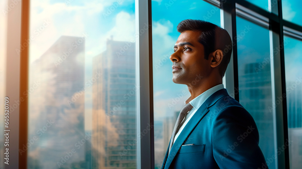 Fototapeta premium Generative Ai. Indian businessman. a close up of a man in a suit looking out a window