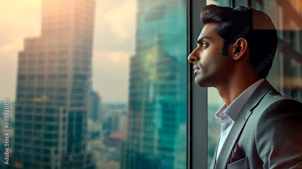 Fototapeta premium Generative Ai. Indian businessman. a man standing in front of a window looking out at a city
