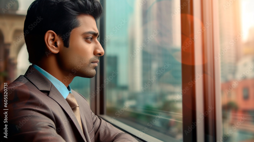 Generative Ai. Indian businessman. man in a suit looking out a window at the city Generative Ai. Indian businessman. man in a suit looking out a window at the city