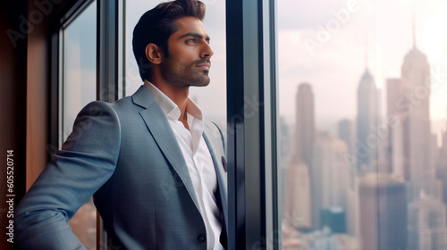 Generative Ai. Indian businessman. a man standing in front of a window looking out at a city 