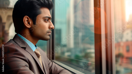 Generative Ai. Indian businessman. man in a suit looking out a window at the city