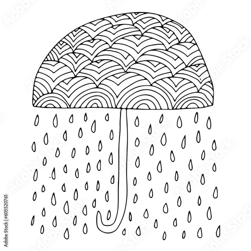 Vector doodle umbrella with rain illustration. Hand drawn weather concept umbrella under rain drops