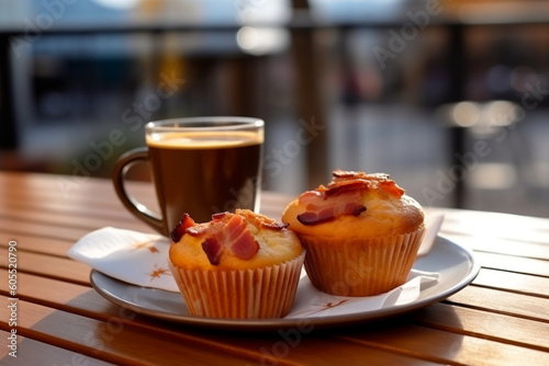 Bacon muffin and coffee on outdoor table at a rustic cafe, generative AI