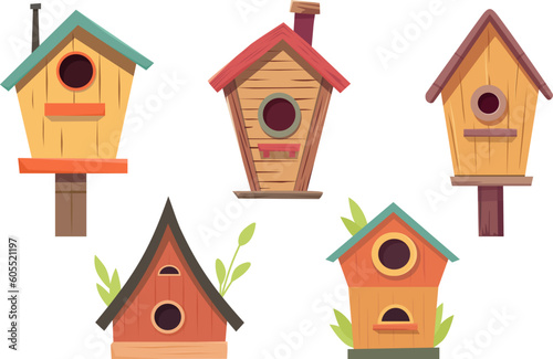 Different wooden handmade bird houses collection, isolated on white background. Flat cartoon homemade nesting boxes for birds, ecology birdboxes vector illustration © AlexxxA
