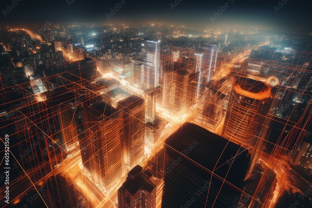 Glowing mesh grid over city, laser technology, double exposure. Generative AI
