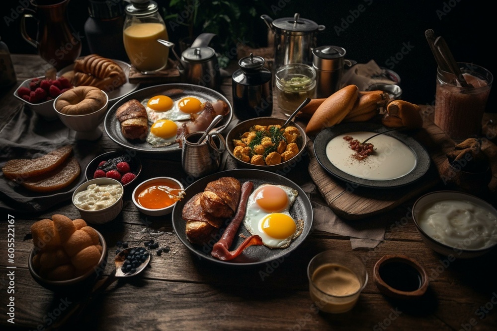 Start your day with a hearty breakfast including eggs, sausage, bacon, and juice. Generative AI