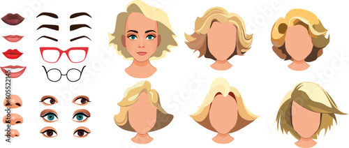 Woman face constructor, avatar of female character creation dark skin heads, hairstyle, nose, eyes with eyebrows and lips. Isolated facial elements for construction cartoon vector set © Luci