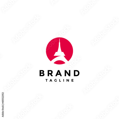 Tower Silhouette Inside Circle Logo Design. Red Circle Symbol Design With Tower Silhouette Inside.
