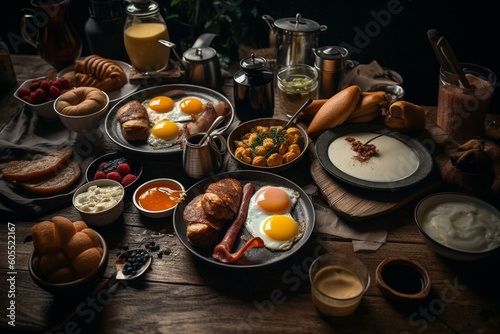 Start your day with a hearty breakfast including eggs, sausage, bacon, and juice. Generative AI