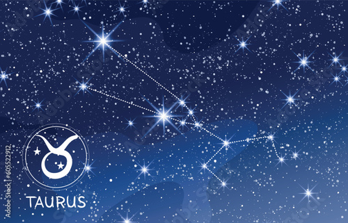 Taurus constellation in the blue night sky, zodiac sign, earth element, astrology banner for horoscope, modern astronomy map, boho mystical vector illustration.