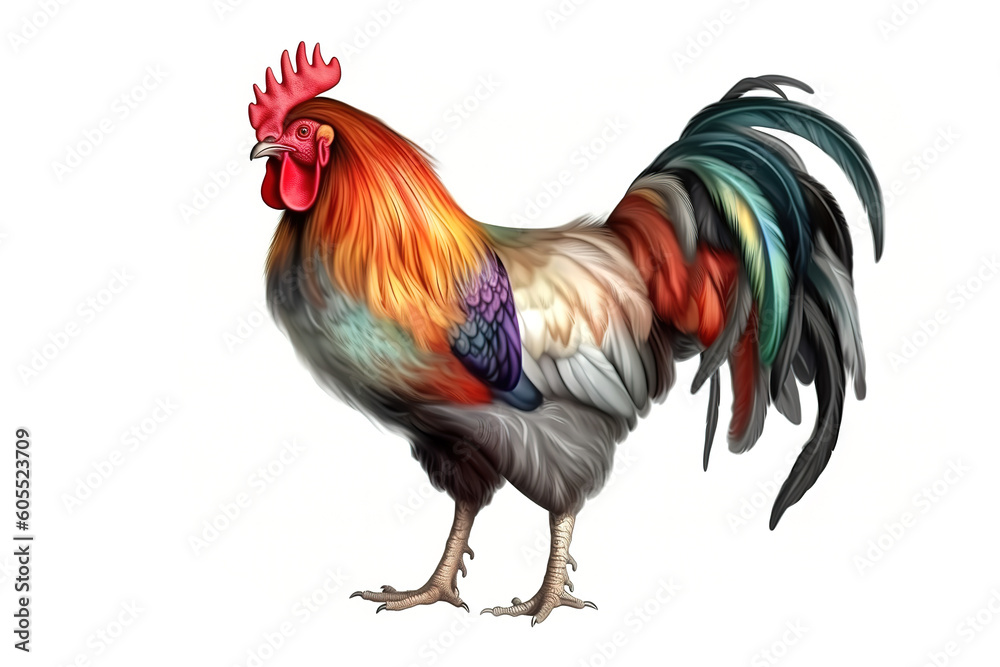 Fototapeta premium Image of rooster standing on white background. Farm animal. illustration, generative AI.