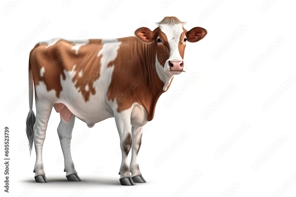 Image of cow on white background. Farm animals. Illustration, generative AI.