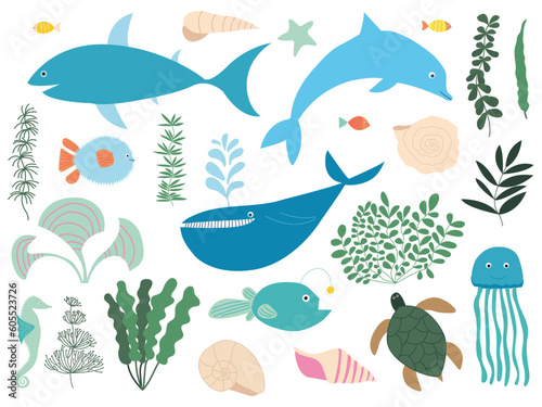 Vector sea animals and plants set. Shark, dolphin, whale, globefish, angler fish, jellyfish and turtle set