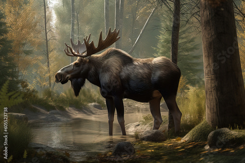 Image of deer moose standing in the middle of the forest on natural background. Wild Animals. illustration. Generative AI.
