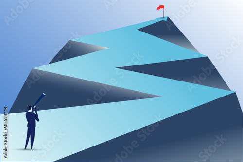 Businessman holding a binoculars looking at the flag farther from the top of the arrow.vector illustration.
