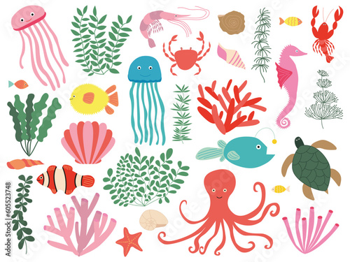 Print op canvas Vector marine animals and plants flat style set