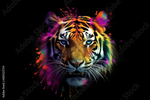 Image of a a tiger head with beautiful bright colors on a dark background. Wildlife Animals. Illustration, generative AI.