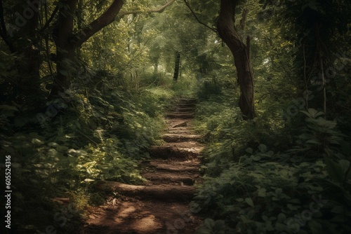Lush path through dense woods. Generative AI © Mason