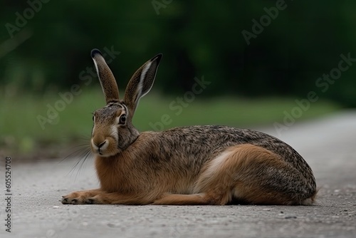 cute brown rabbit sitting on the side of a road with trees in the background Generative AI