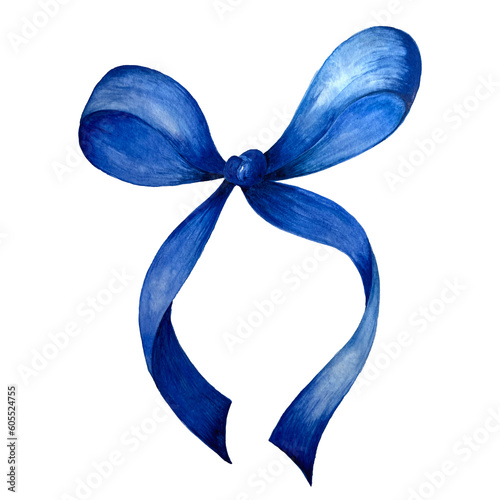 Blue bow. Hand-drawn, watercolor. Bright satin bow highlighted on a white background. Illustration. Pattern. Close-up.