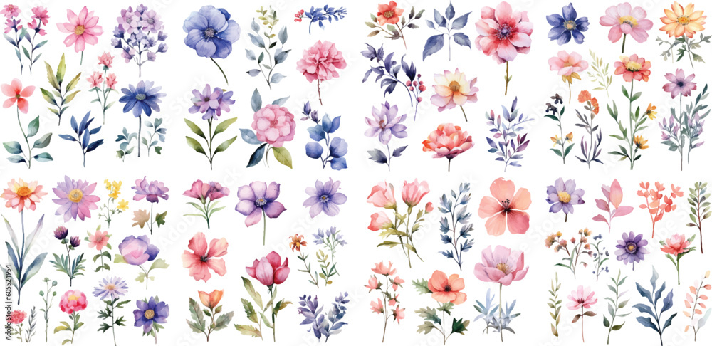 A Big watercolor floral package collection. Use by fabric, fashion, wedding invitation, template, poster, romance, greeting, spring, bouquet, pattern, decoration and textile. - obrazy, fototapety, plakaty 