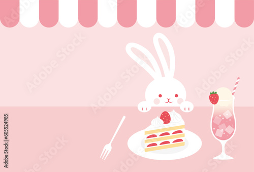 Fényképezés vector background with a rabbit, a strawberry shortcake and milkshake at a cafe for banners, cards, flyers, social media wallpapers, etc