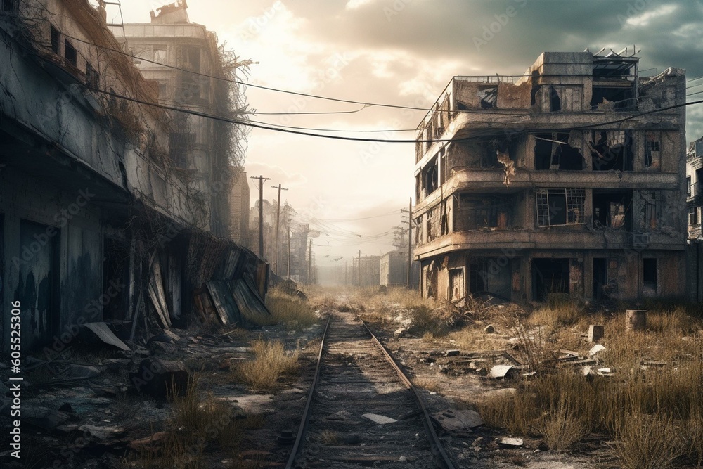 Post-apocalyptic urban landscape with damaged buildings due to environmental catastrophe. Generative AI
