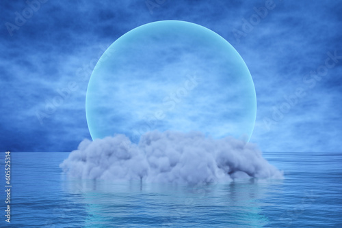 Abstract 3d render podium background, The cloud floating on the surface water with transparent blue light ball, backdrop blue night sky for product display, advertising or etc