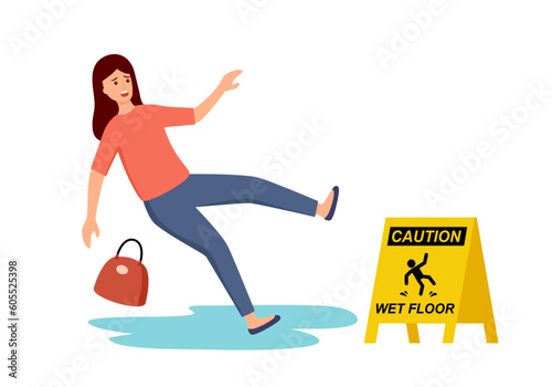 Young woman slip on wet floor in flat design on white background.