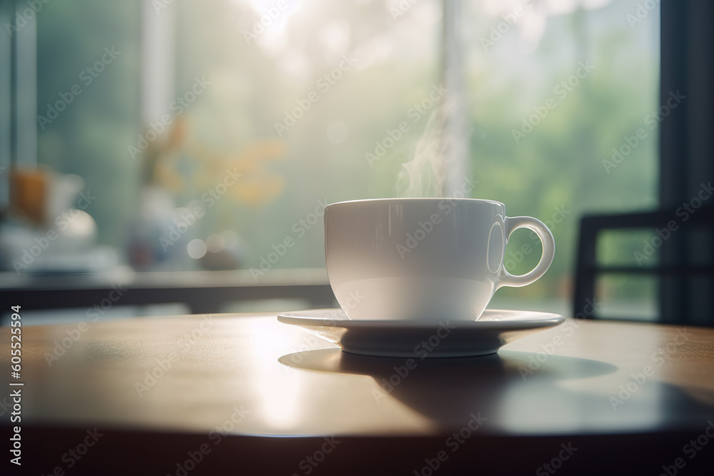 Standard white mugs standing on white table in kitchen. Hot coffee cup on table. Empty blank white mug mockup template. Realistic 3D illustration. Generative AI Standard white mugs standing on white table in kitchen. Hot coffee cup on table. Empty blank white mug mockup template. Realistic 3D illustration. Generative AI