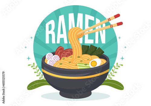Ramen Vector Illustration of Japanese Food with Noodle, Chopsticks, Miso Soup, Egg Boiled and Grilled Nori in Flat Cartoon Hand Drawn Templates
