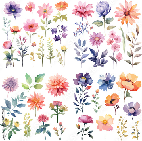 A Big watercolor floral package collection. Use by fabric, fashion, wedding invitation, template, poster, romance, greeting, spring, bouquet, pattern, decoration and textile.