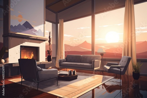 A modern living room with sofa  fireplace  and windows. Cartoon illustration of empty room with sofa  pouf  table  mirror  and drapes. Generative AI