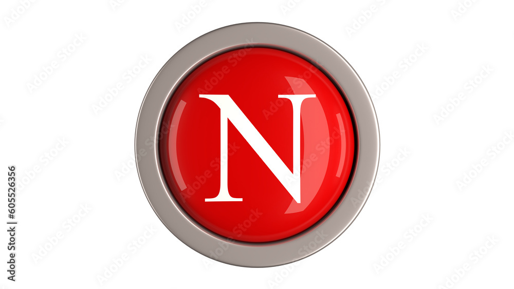 Red Button 3d with letter N white color on top, 3d button PNG isolated white background Red Button 3d with letter N white color on top, 3d button PNG isolated white background