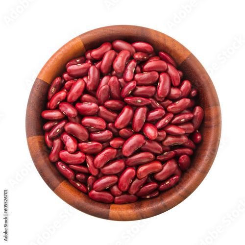 Red beans in wooden bowl isolated on white background , top view , flat lay.