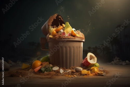 A graphic depicting food waste, with food in the shape of a dustbin being dumped into a landfill. A poignant social issue. Generative AI