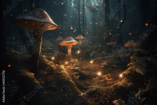 Enchanted dark forest with glowing fly agarics, fairytale butterflies, and magic light. Digital art. Generative AI