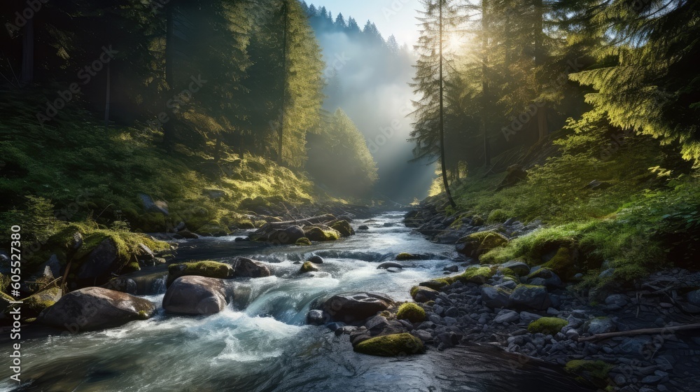 Fototapeta premium Forest Landscape With Sunrise Morning Foggy Weather Generated AI