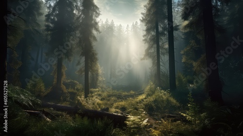 Forest Landscape With Sunrise Morning Foggy Weather Generated AI