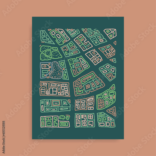 Freehand colorful line art city map, city streets and buildings