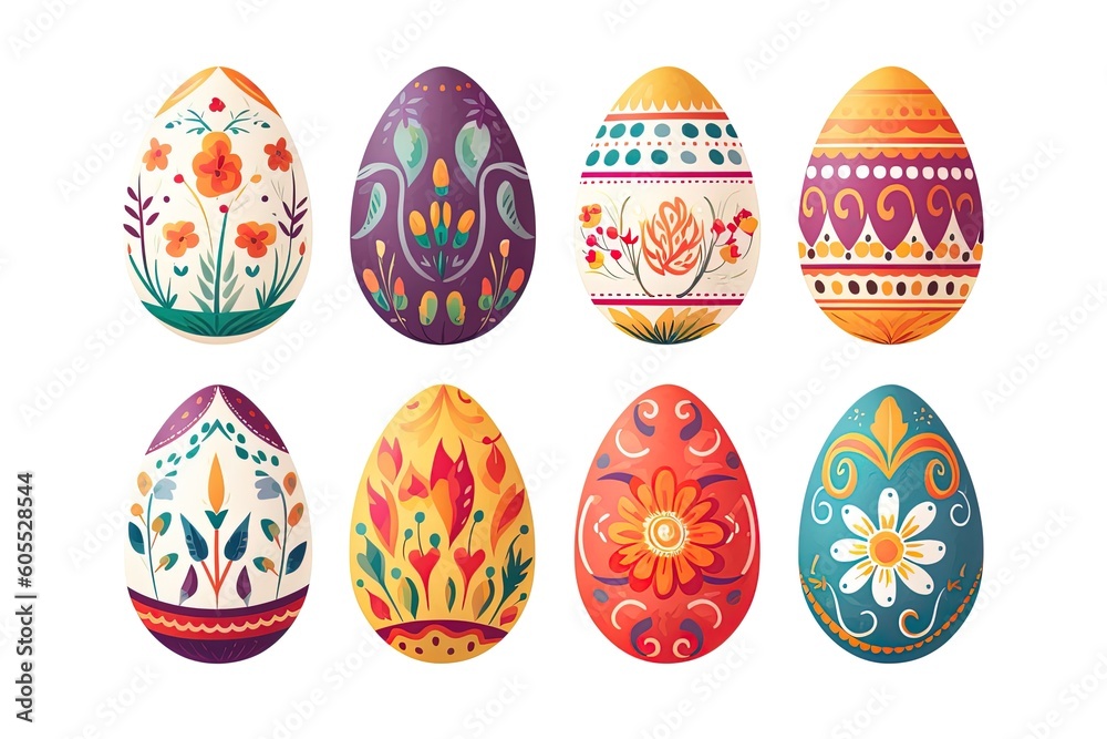 Easter Eggs with floral pattern in row and column isolated on white background using generative AI