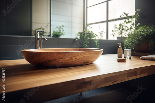 Modern wood countertop for montage. Wooden tabletop for product display with blurred bathroom interior featuring bathtub and minimalist design. Realistic 3D illustration. Generative AI