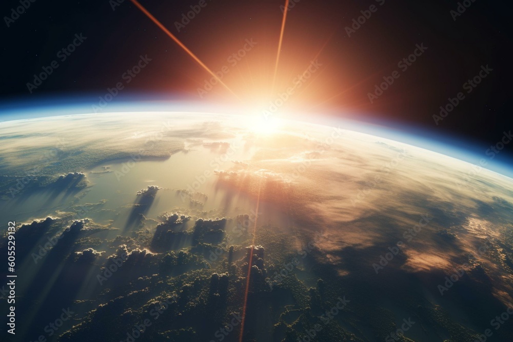A sunrise over the Earth with bright rays and a lens flare. Generative AI