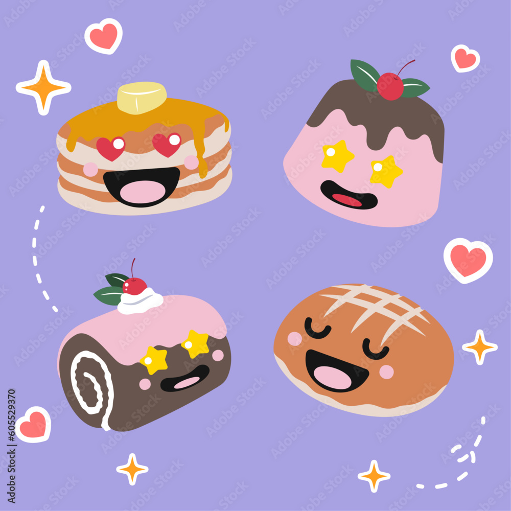 Obraz premium Set of kawaii food freshly baked bread with cute smiley face. Flat vector design