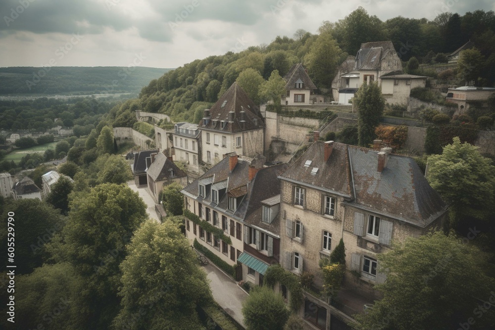 A view of La Roche-Guyon from the castle tower in Val d'Oise. Generative AI