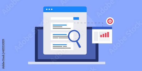 SEO strategy high search engine ranking sending targeted audience to website, business internet laptop concept. Vector illustration web banner.