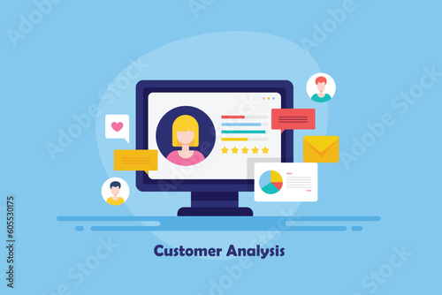 Customer information and data on CRM dashboard, business managing client profile segmentation, messages and personalized approach to customer. Vector illustration web banner.